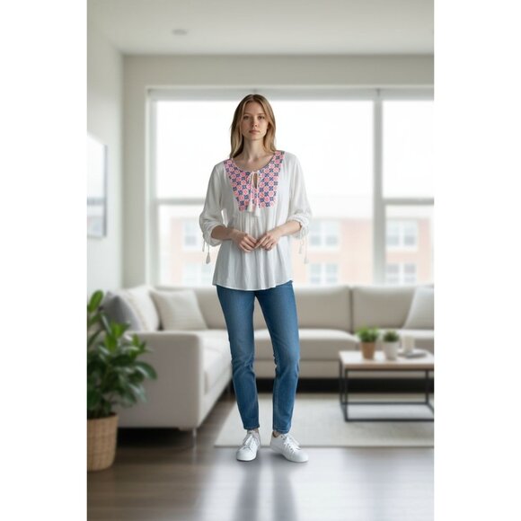 Forever 21 M Cotton Embroidered Tassels Boho Flowy Peasant Shirt Top Blouse - Picture 1 of 3